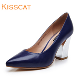 KISS CAT/接吻猫羊皮尖头粗跟单鞋新品超高跟浅口女鞋D55571-01QB