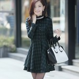 2015秋季新款韩版女装修身格子毛呢连衣裙百搭中长款裙摆风衣外套