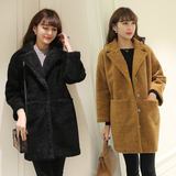 2015冬季新款韩版显瘦羊羔毛外套女pu皮毛一体大码中长款加厚棉服