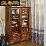 美式复古雕花实木大书柜 欧式客厅带玻璃门装饰储物柜 置物架特价