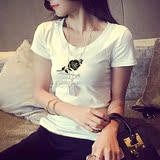 韩范2016夏装新款圆领体恤棉质印花修身白色短袖t恤女 韩国学生潮
