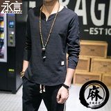 夏季男士亚麻短袖衬衫修身韩版纯色大码青年棉麻衬衣长袖T恤男V领