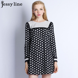杰西茜莱jessy line2015冬装新款正品百搭花朵钉珠拼接长袖连衣裙