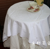 老货收藏外贸出口原单手工青州府蕾丝花边白色纯棉方形盖巾桌布