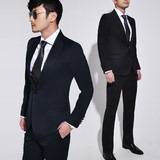 2014韩版修身潮男职业正装小西服单排一粒扣婚礼服套装蓝黑色包邮