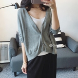 韩国宽松纯色条纹针织开衫薄款外搭 2016秋季新款短款外套上衣女