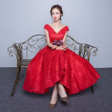 2016新款韩式中长款婚纱礼服修身红色一字肩宴会晚礼服新娘敬酒服