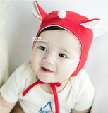 韩版新款兔耳朵宝宝帽婴儿童纯棉套头帽春秋胎帽系带护耳帽子K49