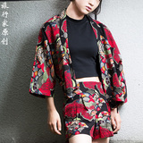 日式和风外套女秋季蝙蝠袖印花短款改良和服开衫宽松棉麻防晒上衣