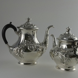 西洋古董银器 美国GORHAM纯银咖啡壶/茶壶 2件套 纯手工满工錾花