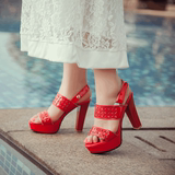夏季新款超高跟红色结婚鞋露趾中空凉鞋罗马女鞋粗跟防水台新娘鞋