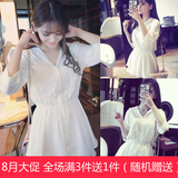 2016春季新款女装韩版学院风清新白衬衫五分袖V领松紧腰短连衣裙