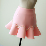 韩版新款粉甜美珍珠钉珠荷叶边空气层太空棉半身裙包臀鱼尾短裙女