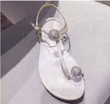 2016夏新款sw平底低跟夹趾水钻凉鞋雪梨rc同款水晶球型性感凉鞋女