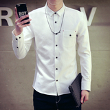2016春季新款男士休闲长袖衬衫潮韩版修身纯色青年白衬衣男装上衣