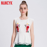 Nancyk2016夏装新品收腰修身短款民族风绣花小盖袖圆领衬衫T恤 女