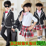 儿童格子西装套装春秋季新款韩版男女童英伦礼服三件套学生表演服