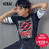GXG男装 秋装新品男士韩版时尚修身黑色圆领短袖T恤男#63844001