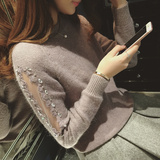 D哚啦2015新款韩版名媛范水钻网纱拼袖含兔毛圆领套头毛衣女9502
