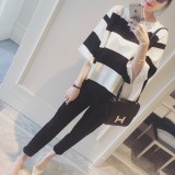2016春装新款韩国黑白宽条纹宽松套头针织衫中袖女罩衫上衣打底