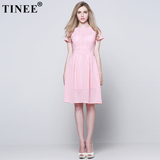 Tinee 2016春装镂空粉色连衣裙 夏中长款 修身粉红色公主裙蓬蓬裙