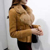 韩版2015冬装机车大翻领羊羔毛外套女短款兔毛麂皮绒拼接加厚上衣