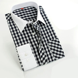 棉田春季男士长袖衬衫 韩版休闲拼色领薄款格子衬衣