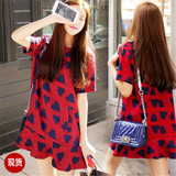 韩国代购2016春装新款大码显瘦红色印花短袖雪纺荷叶边连衣裙夏季