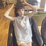 韩版女装夏季海军领条纹无袖衬衫宽松休闲甜美百搭学生上衣衬衣潮