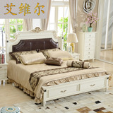 美式实木床韩式田园婚床1.8米双人白色储物高箱床小户型油蜡皮床