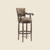 美式新古典实木真皮吧椅欧式复古酒吧椅可旋转高脚椅吧凳定制家具