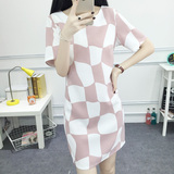 2016夏季新款韩版修身显瘦直筒大码女装A型粉色格子A字连衣裙