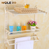白色置物架浴巾架 欧式折叠毛巾架2层镶金色卫生间化妆台子烤白漆