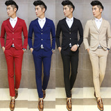 西服三件套装英伦韩版时尚新郎结婚小西装潮男修身伴郎服一套红色