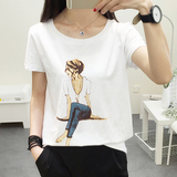 夏天韩国棉印花短袖T恤女大码宽松半袖体恤学生闺蜜姐妹装潮