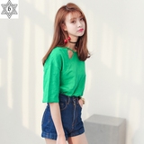 韩国夏季学生学院风显瘦破洞露肩七分袖纯色T恤女 宽松中长款上衣