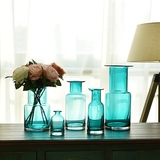 美式乡村清新简约蓝色透明花瓶插花植物干花瓶玻璃瓶子装饰摆件