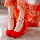 春季红色结婚鞋坡跟单鞋高跟一字扣女鞋婚礼红鞋孕妇新娘鞋敬酒鞋