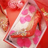2016秀禾中式结婚鞋子大红色绣花婚鞋新娘鞋尖头水钻单鞋细高跟鞋