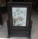 景德镇陶瓷瓷板画名家手绘仿古粉彩花鸟高风亮节图小屏风实木框