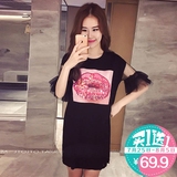 2016夏季新款韩版网纱喇叭袖中长款T恤印花亮片显瘦连衣裙女G418
