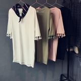 2016夏季新款女装韩版纯色中长款V领半袖体恤流苏短袖T恤上衣潮