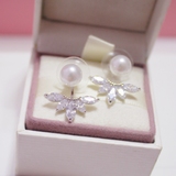 天然珍珠 微镶钻锆石水晶 韩国代购 后挂耳钉 纯银耳环 两用耳饰