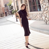 2016夏装新款连衣裙Self-portrait同款黑色蕾丝拼接无袖包臀裙女