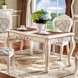 实木欧式餐桌椅组合6人描银雕花大理石餐桌椅套装象牙白1.5米包邮