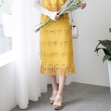 木木家.黄色棉布刺绣半裙.中长的直筒裙.热带风情味~