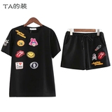 外贸原单女装运动套装女夏季两件套时尚贴布短袖T恤短裤韩版学院