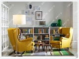 美式乡村高档棉麻布艺黄色蓝色单人沙发+脚踏北欧设计师沙发椅子