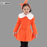 厂家直销2015韩版童白毛领修身风衣外套 爆款女童呢子大衣中大童