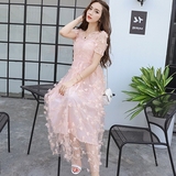 超长款粉色立体花朵连衣裙夏季显瘦网纱仙女长裙韩国海边度假裙子